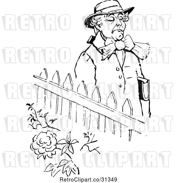 Vector Clip Art of Retro Snooty Guy Walking by a Garden