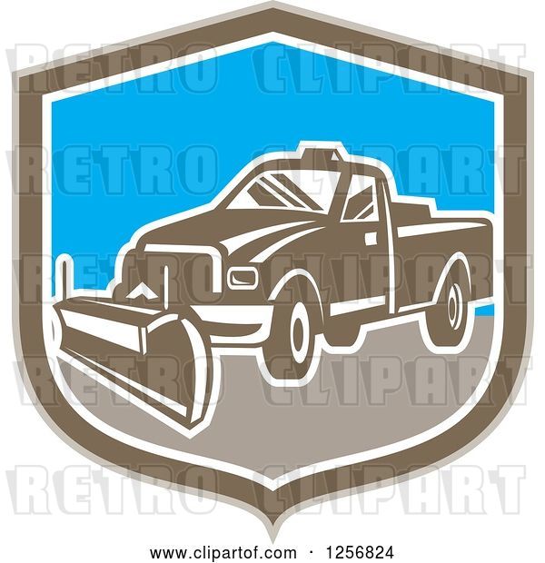 Vector Clip Art of Retro Snow Plow Truck in a Brown White and Blue Shield