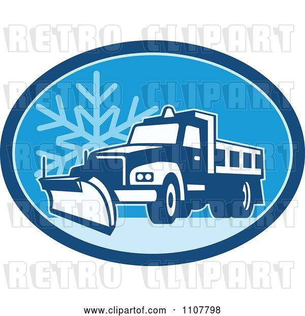 Vector Clip Art of Retro Snow Plow Truck on a Road in a Blue Oval with a Snowflake