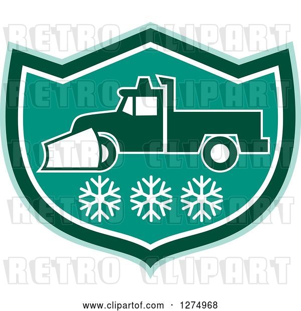 Vector Clip Art of Retro Snow Plow Truck over Snowflakes in a Tuquoise Green and White Shield