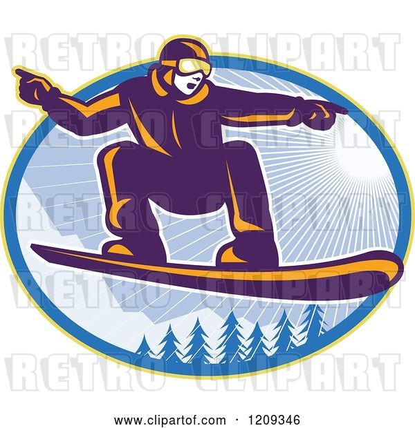 Vector Clip Art of Retro Snowboarder Catching Air over Alpine Trees and Sunshine in an Oval