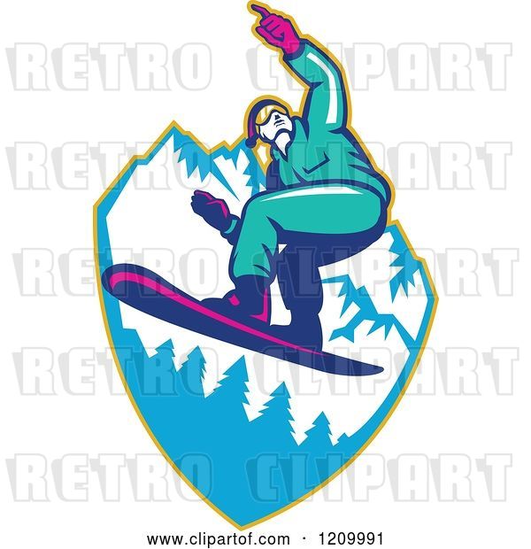 Vector Clip Art of Retro Snowboarder Catching Air over Mountains