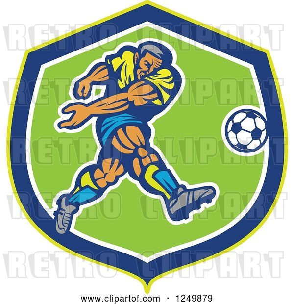 Vector Clip Art of Retro Soccer Player Kicking in a Blue and Green Shield