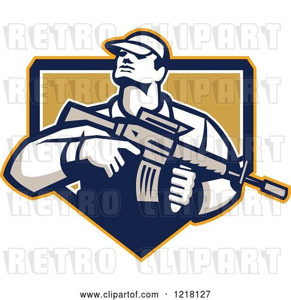 Vector Clip Art of Retro Soldier Holding an Assault Rifle in a Shield