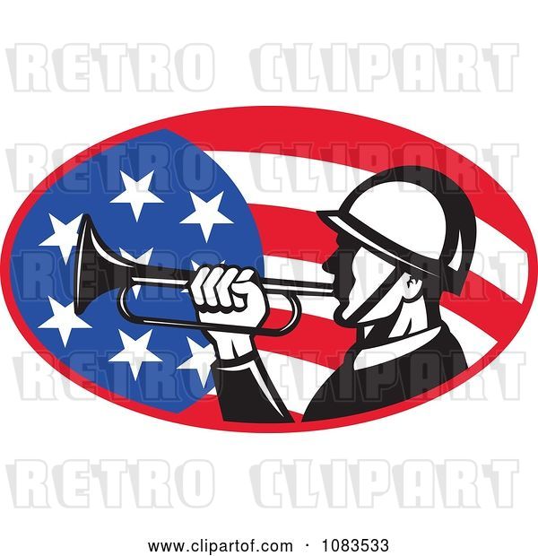 Vector Clip Art of Retro Soldier Playing a Bugle over an American Flag
