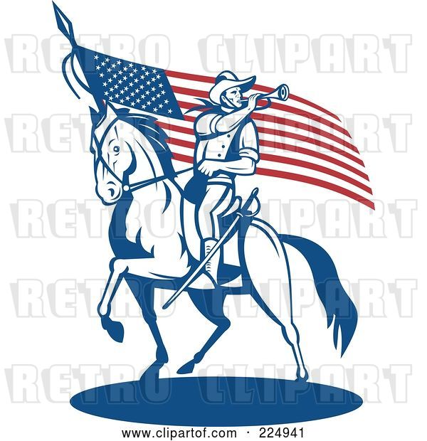 Vector Clip Art of Retro Soldier Playing a Trumpet on Horseback by an American Flag