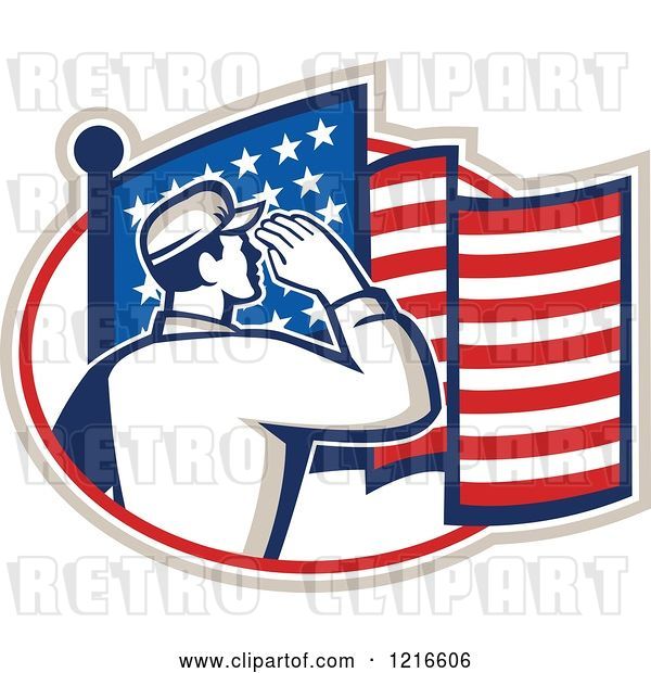 Vector Clip Art of Retro Soldier Saluting in an Oval with an American Flag