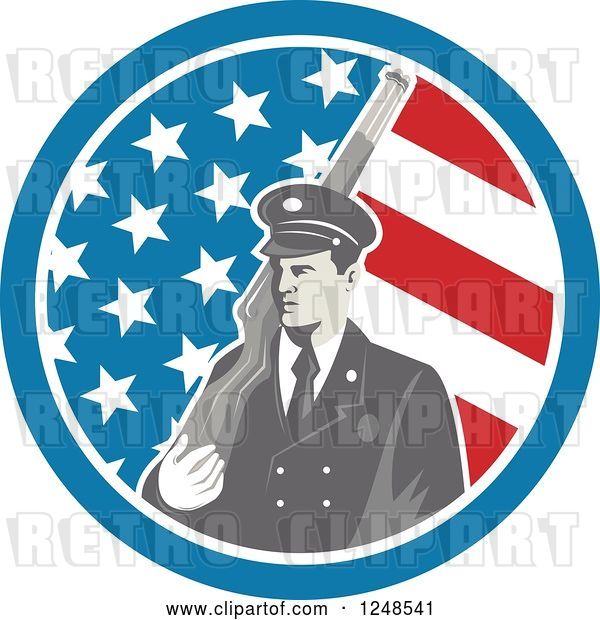 Vector Clip Art of Retro Soldier with a Rifle over His Shoulder in an American Flag Circle