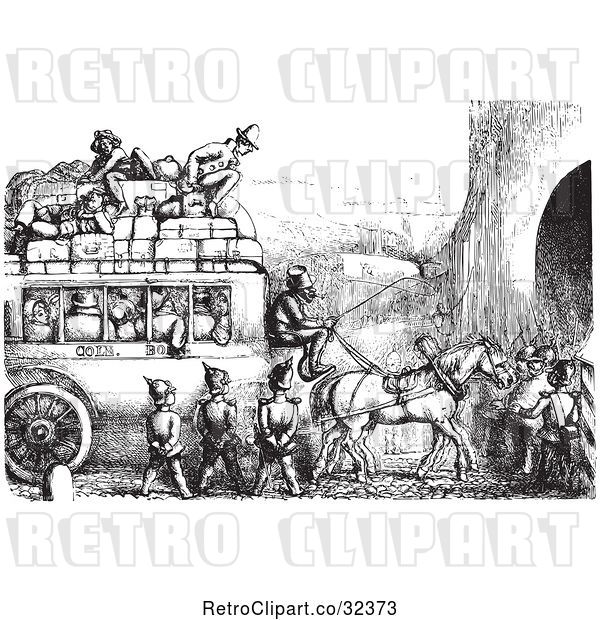 Vector Clip Art of Retro Soldiers Stopping an Omnibus in