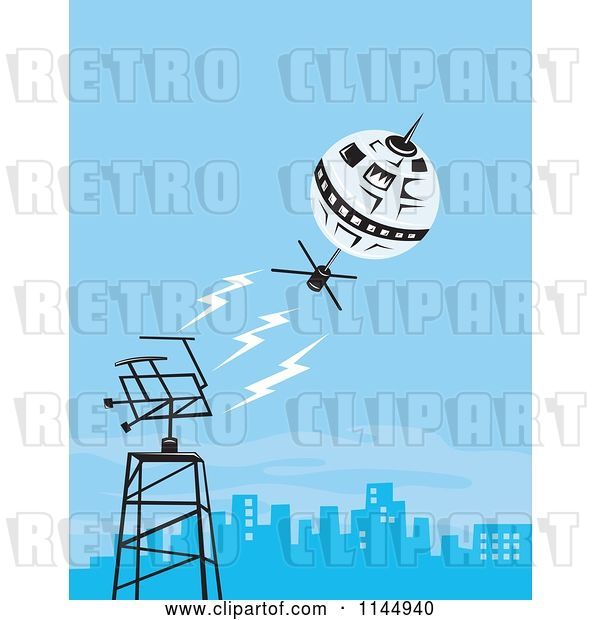 Vector Clip Art of Retro Space Satellite Communicating with a City Dish