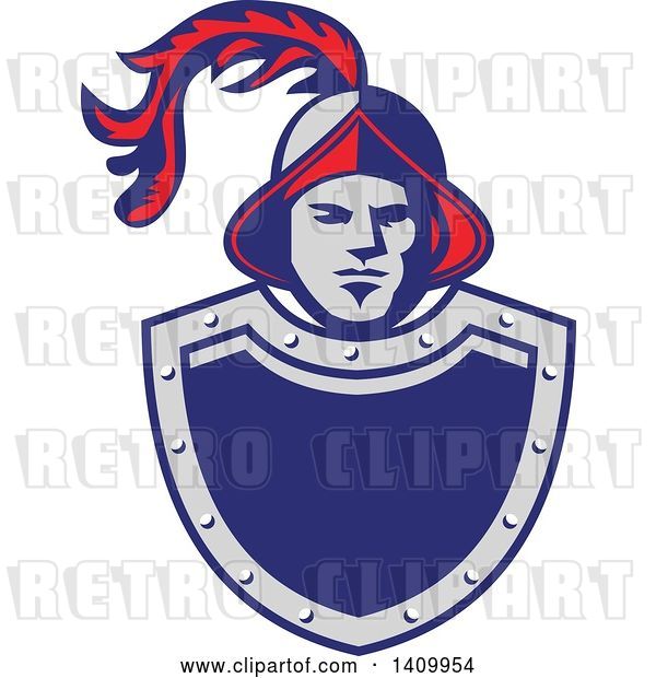 Vector Clip Art of Retro Spanish Conquistador Head with a Plume over a Gray and Blue Shield
