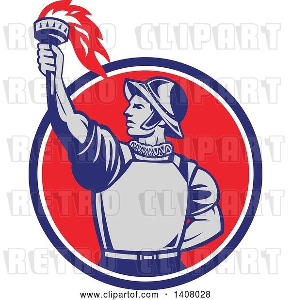 Vector Clip Art of Retro Spanish Conquistador Holding up a Torch, Emerging from a Blue White and Red Circle
