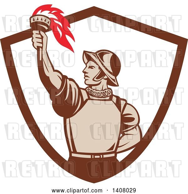 Vector Clip Art of Retro Spanish Conquistador Holding up a Torch, Emerging from a Brown and White Shield