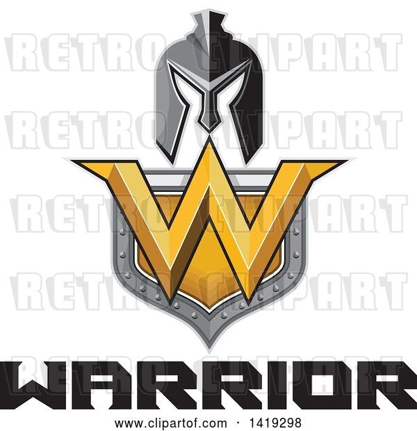 Vector Clip Art of Retro Spartan Helmet over a Shield with a W and Warrior Text