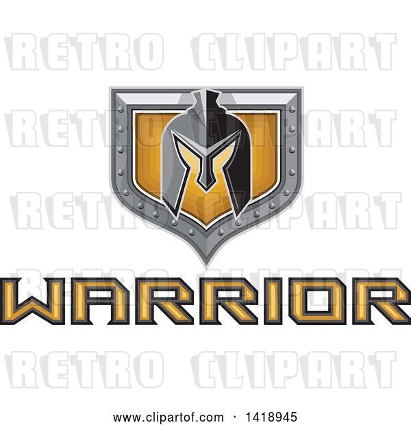 Vector Clip Art of Retro Spartan Helmet over a Silver and Gold Shield and Warrior Text