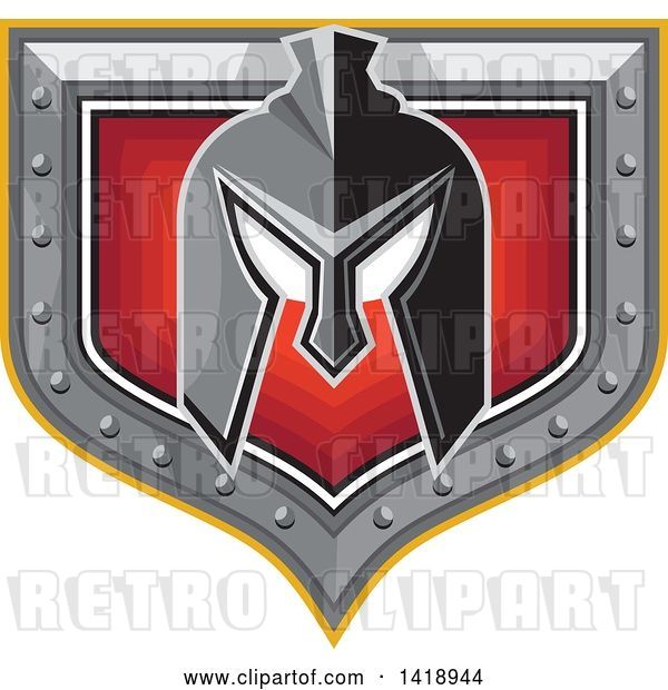Vector Clip Art of Retro Spartan Helmet over a Silver and Red Shield