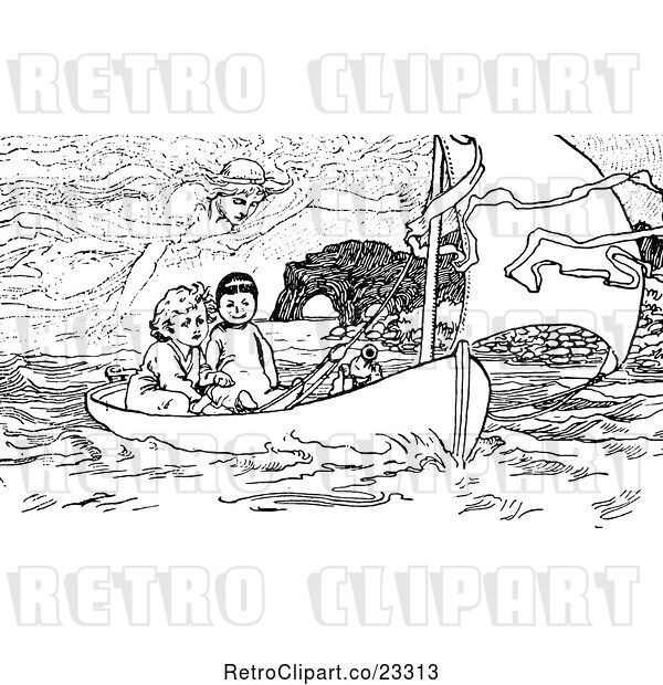 Vector Clip Art of Retro Spirit Above Boys in a Boat