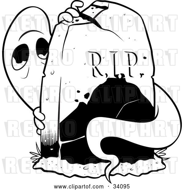 Vector Clip Art of Retro Spooked Ghost Peeking from Behind a Tombstone in a Cemetery