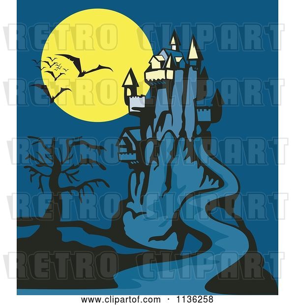 Vector Clip Art of Retro Spooky Castle with a Dead Tree Bats and Full Moon
