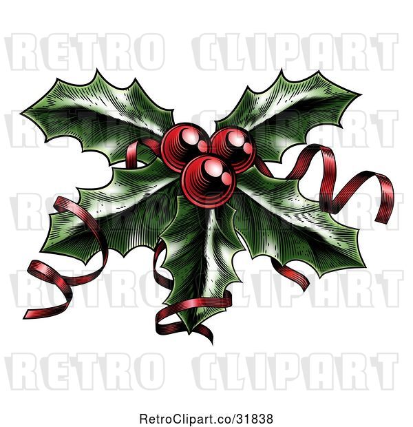 Vector Clip Art of Retro Sprig of Christmas Holly with Red Berries and Curly Ribbons