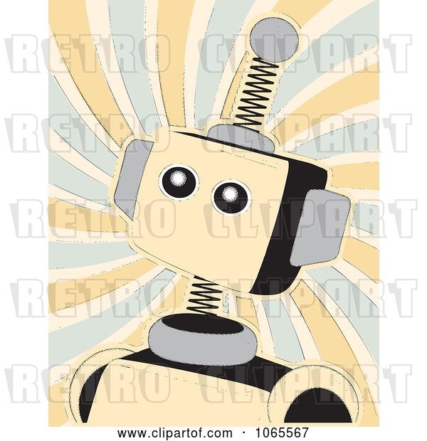 Vector Clip Art of Retro Springy Beige Robot over Swirls