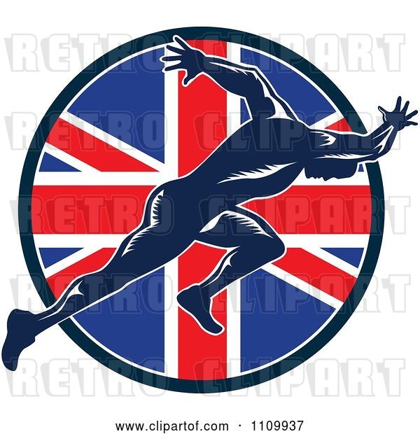 Vector Clip Art of Retro Sprinter Running over a British Union Jack Flag Circle
