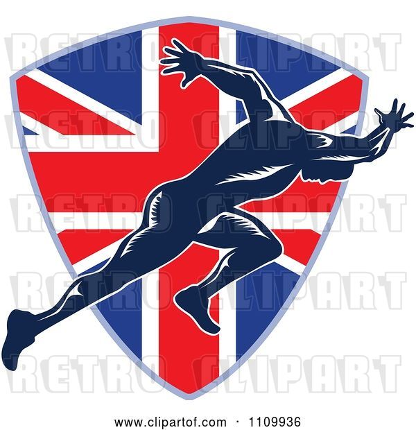 Vector Clip Art of Retro Sprinter Running over a British Union Jack Flag Shield