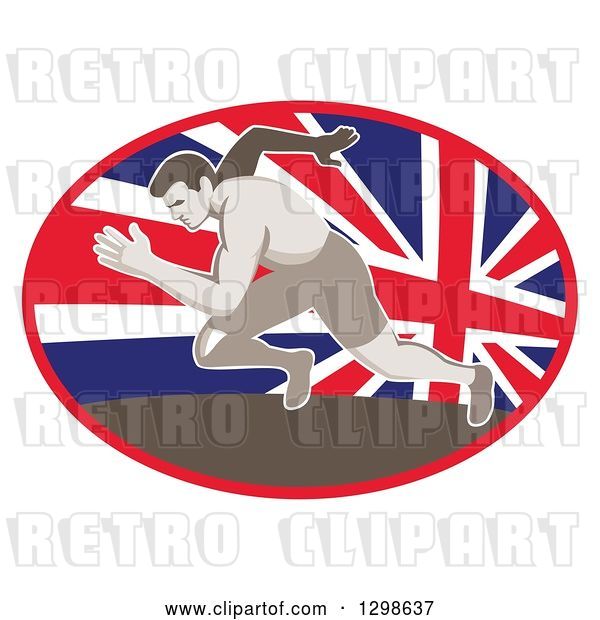Vector Clip Art of Retro Sprinting Track and Field Athlete in a Union Jack Flag Oval