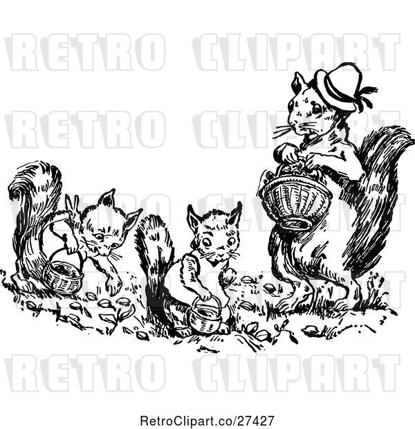 Vector Clip Art of Retro Squirrel Family Gathering Acorns
