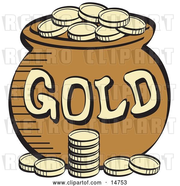 Vector Clip Art of Retro Stack of Gold Coins near a Pot of Leprechaun's Gold