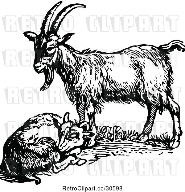 Vector Clip Art of Retro Standing and Resting Goats