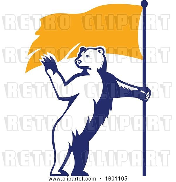 Vector Clip Art of Retro Standing Polar Bear Waving and Holding a Flag