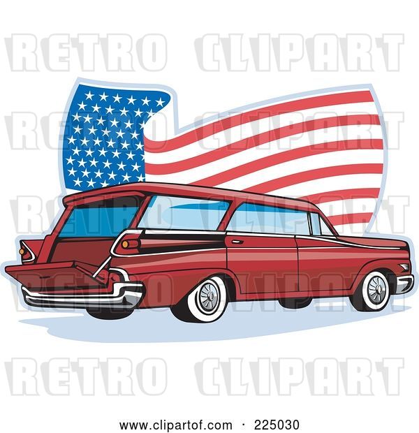 Vector Clip Art of Retro Station Wagon and Wavy American Flag Logo