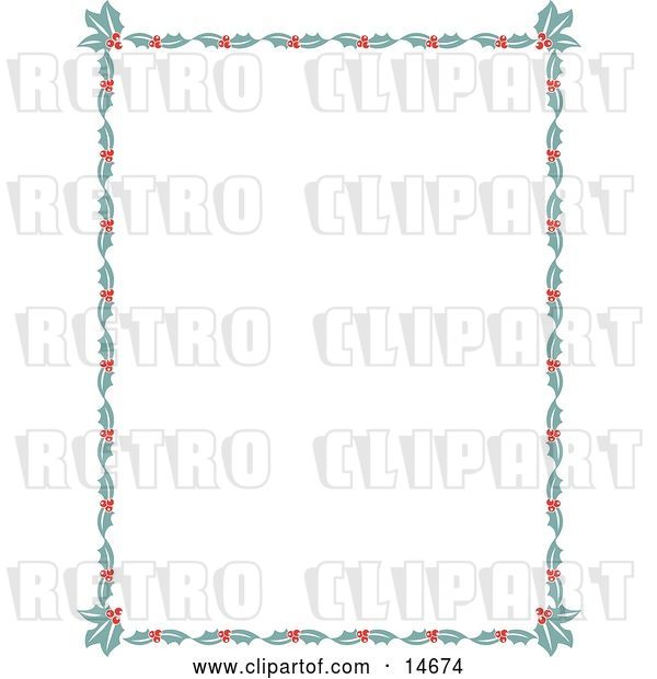 Vector Clip Art of Retro Stationery Border of Holly Leaves and Berries Around a White Background Clipart Illustration
