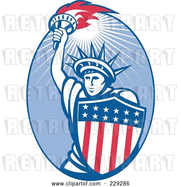 Vector Clip Art of Retro Statue of Liberty and American Shield Logo