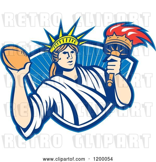 Vector Clip Art of Retro Statue of Liberty Holding a Football and Torch over a Shield