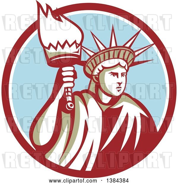 Vector Clip Art of Retro Statue of Liberty Holding a Torch in a Maroon White and Blue Circle