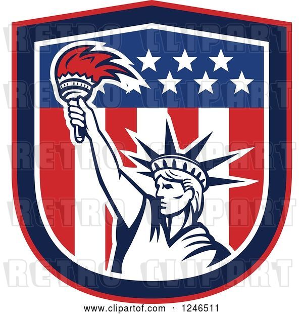 Vector Clip Art of Retro Statue of Liberty Holding up a Torch in an American Flag Shield