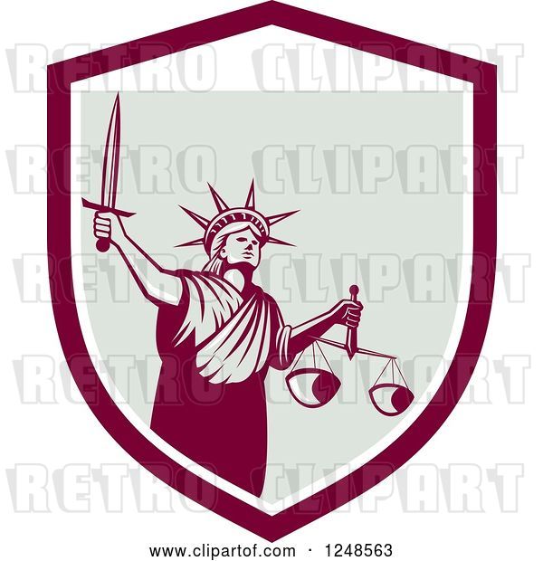 Vector Clip Art of Retro Statue of Liberty with a Sword and Scales in a Shield