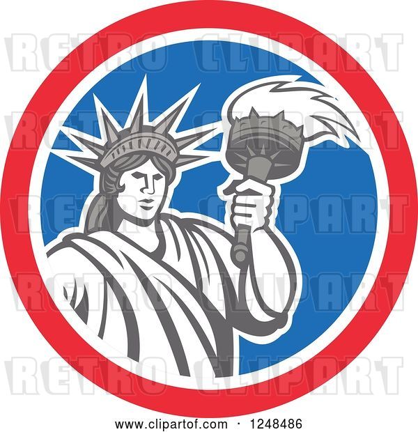 Vector Clip Art of Retro Statue of Liberty with a Torch in a Red White and Blue Circle