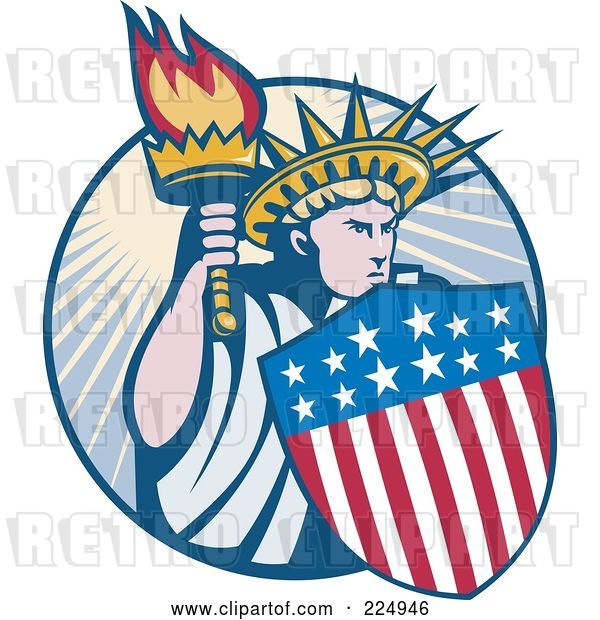 Vector Clip Art of Retro Statue of Liberty with an American Shield and Torch Logo