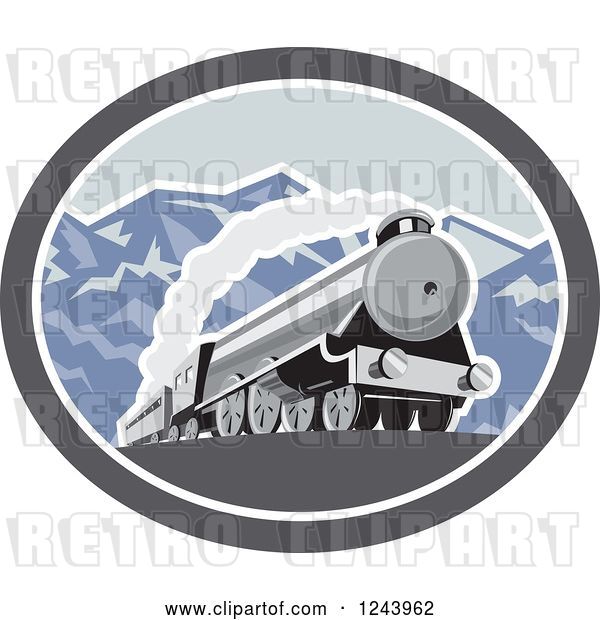 Vector Clip Art of Retro Steam Engine Train in the Mountains Inside an Oval