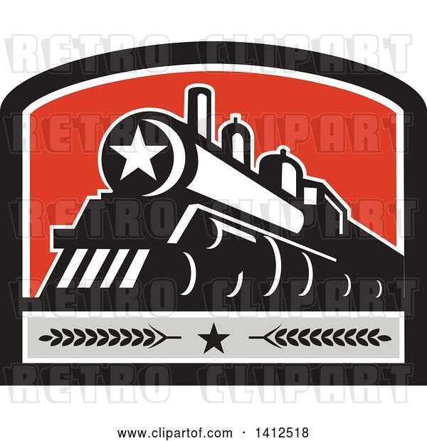 Vector Clip Art of Retro Steam Engine Train with a Star on the Front, Inside a Black White Gray and Red Crest