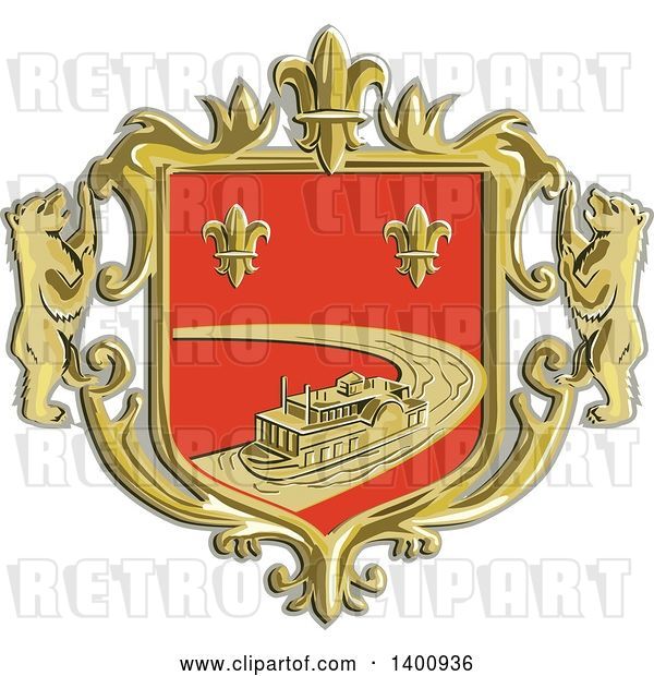 Vector Clip Art of Retro Steamboat and Fleur De Lis Coat of Arms with Bears