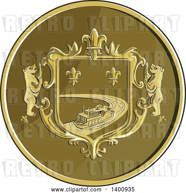 Vector Clip Art of Retro Steamboat and Fleur De Lis Coat of Arms with Bears Medal Coin