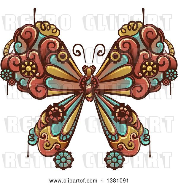 Vector Clip Art of Retro Steampunk Butterfly with Gear Cogs