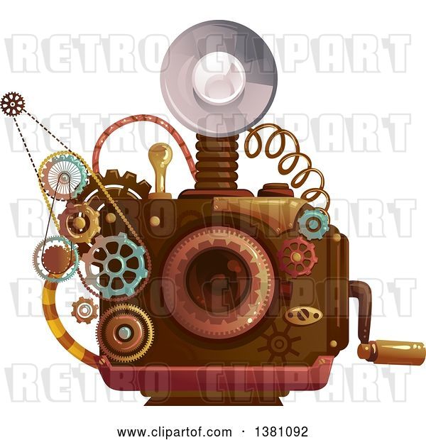 Vector Clip Art of Retro Steampunk Camera with a Flash and Gears