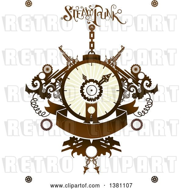 Vector Clip Art of Retro Steampunk Clock with Gears, Text and a Banner