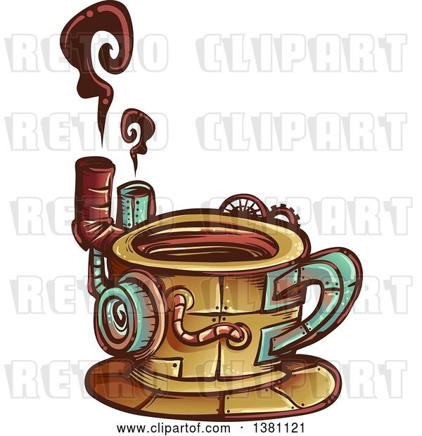 Vector Clip Art of Retro Steampunk Coffee Cup with Steam