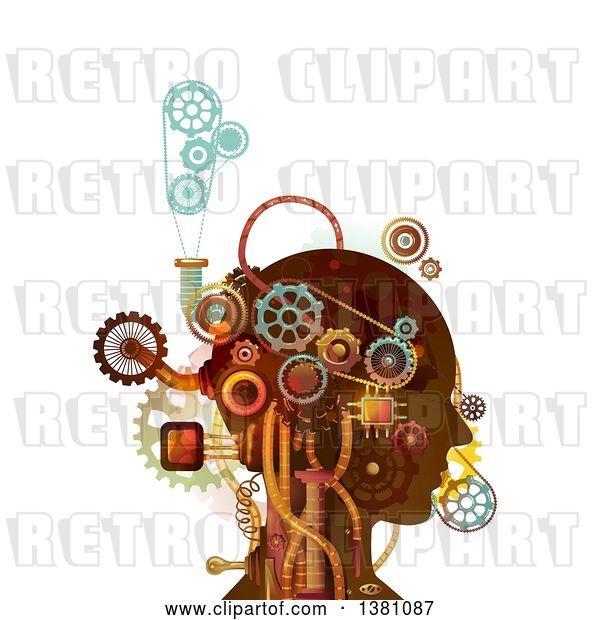 Vector Clip Art of Retro Steampunk Human Head with Mechanical Gears and Pipes